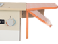 Cuisine jouet en bois avec plan de travail pliable et bouton de four.