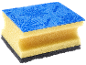 Éponge de cuisine à trois couches avec une couche supérieure bleue à motifs, une couche centrale jaune et une base grise.
