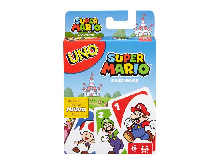 Jeu de cartes sur le thème de Super Mario avec des personnages comme Mario, Luigi, Toad et Peach.