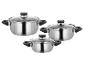 Ensemble de trois casseroles en acier inoxydable avec couvercles en verre et poignées noires.