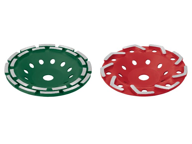 Deux meules boisseaux diamantées vertes et rouges pour meuleuse d'angle.