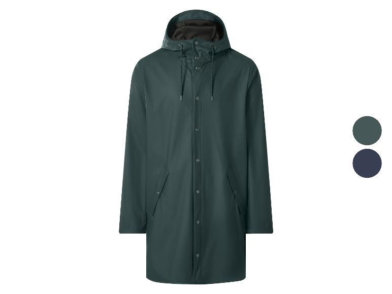 Imperméable vert foncé avec capuche et boutons-pression.