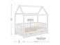 Lit enfant en bois blanc avec un toit en forme de maison et deux tiroirs.