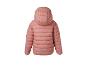 Doudoune rose pour enfant avec capuche et un détail réfléchissant en forme de fleur au dos.