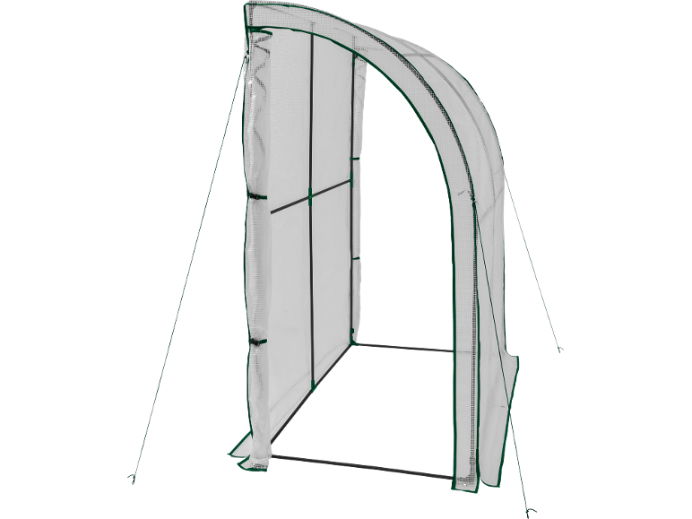 Serre portable avec une couverture transparente et des bordures vertes.