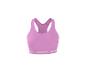 Soutien-gorge de sport rose avec dos nageur et logo de la marque sur la bande inférieure.