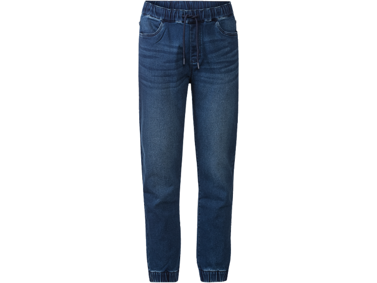 Pantalon jogger en jean bleu foncé avec taille élastique et cordon de serrage.