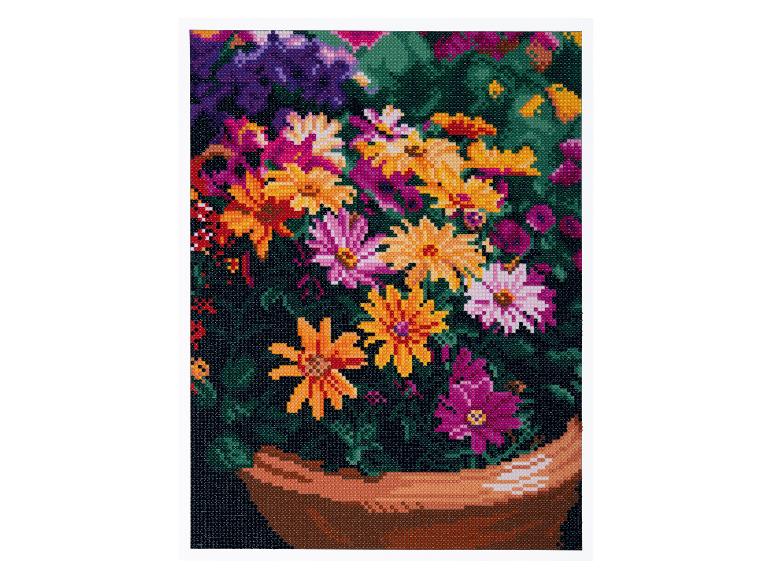 Tableau de fleurs colorées en pot, style peinture au diamant.