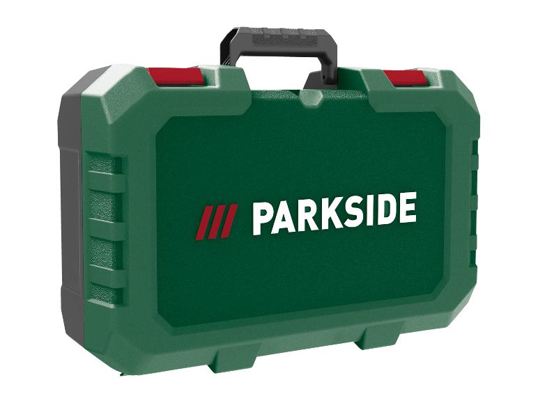 Mallette à outils verte PARKSIDE avec fermoirs rouges et poignée noire