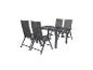 Ensemble table et chaises de jardin : table rectangulaire et quatre chaises pliantes en aluminium.