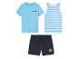 Ensemble enfant : t-shirt Sun Sea Surf, débardeur à vagues, short bleu marine.