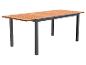 Table extensible avec plateau en bois et structure métallique grise.