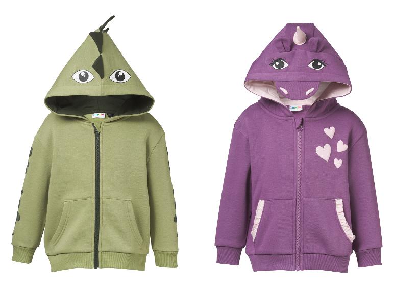 Deux sweats à capuche pour enfants : un vert dinosaure et un violet licorne.
