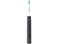Brosse à dents électrique noire avec une tête de brosse blanche et des poils verts.