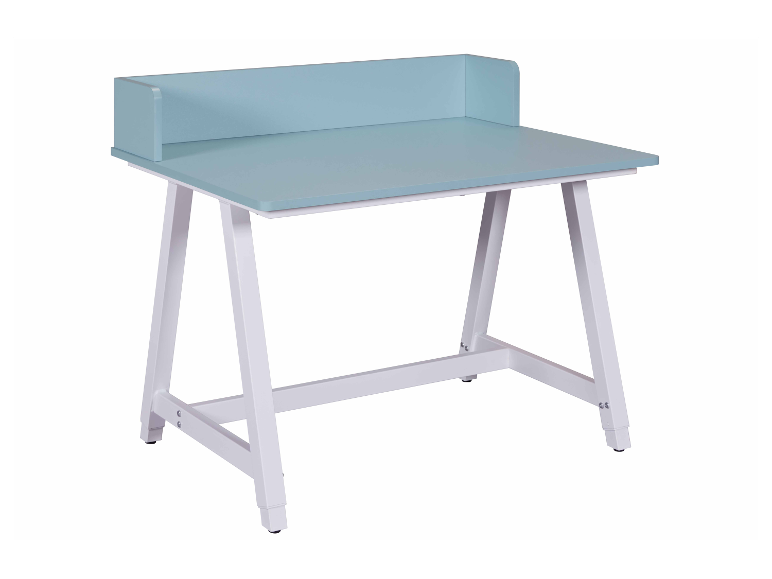 Bureau enfant bleu clair avec structure blanche.