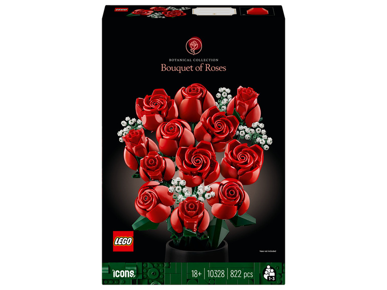 Une boîte de LEGO Icons Bouquet of Roses, un set de construction de 822 pièces avec des roses rouges.