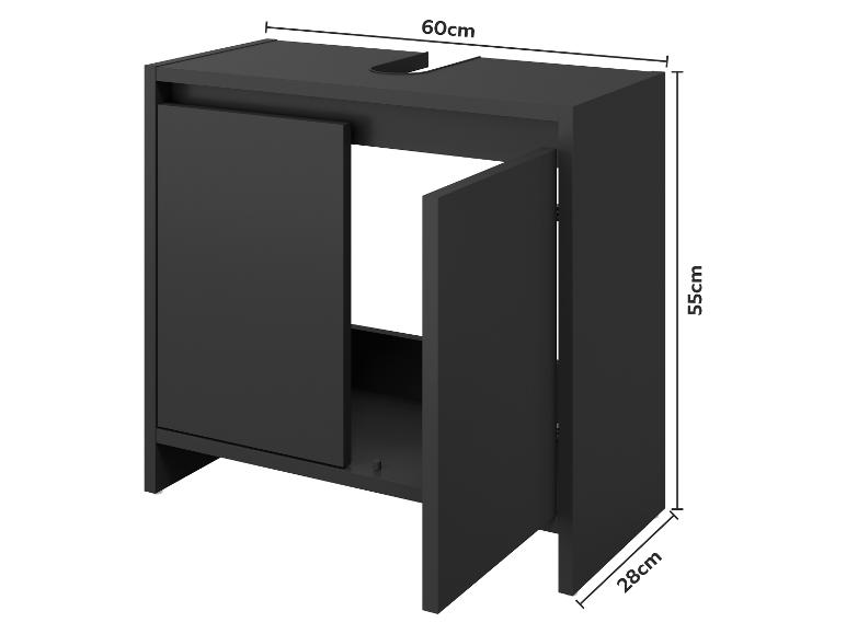 Meuble sous-lavabo noir avec deux portes ouvertes, mesurant 60x55x28cm.