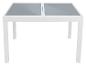 Table moderne blanche avec plateau en verre gris.