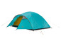Une tente de camping bleue avec des détails jaunes et un panneau frontal gris.