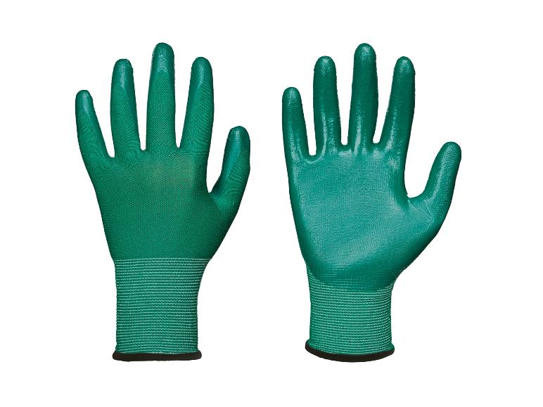 Deux gants de jardinage verts, un côté paume et un côté dos de la main.
