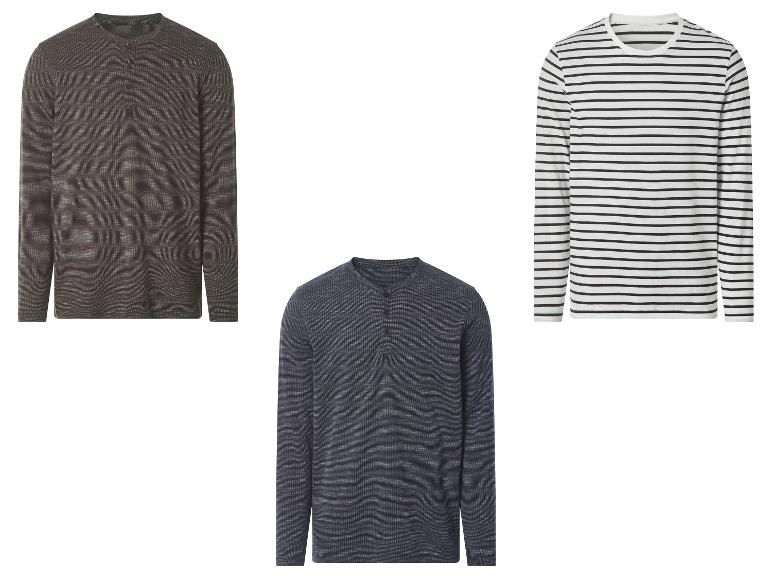 Deux chemises Henley à manches longues pour hommes en gris foncé et bleu, et une chemise à manches longues rayée blanc et noir.