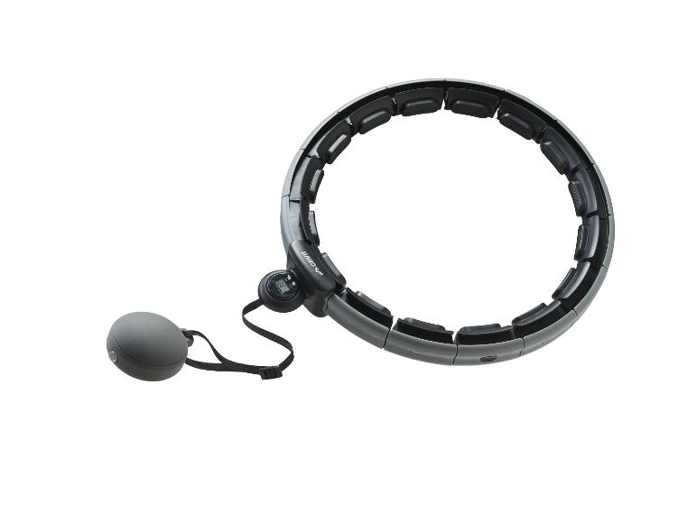 Un cerceau gris avec un compteur numérique et un poids sphérique attaché.