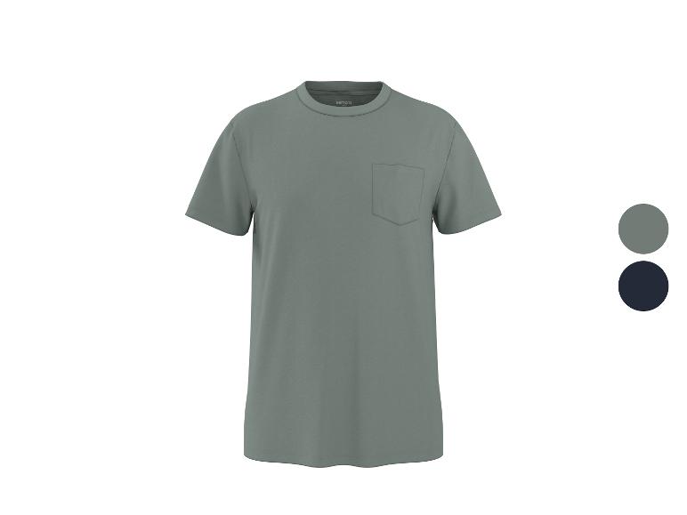 T-shirt homme à manches courtes avec poche en gris, avec option de couleur bleu foncé.