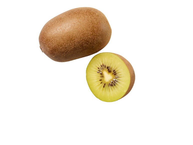 Kiwi doré entier et coupé en deux sur fond noir