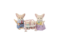 Famille de fennecs avec parents et deux bébés dans une poussette double rose.