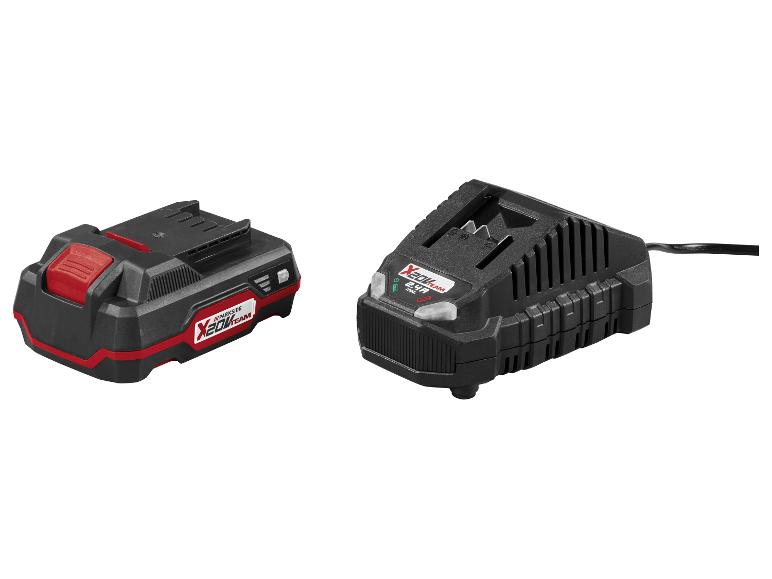 Batterie et chargeur pour outils sans fil, noirs avec des accents rouges.