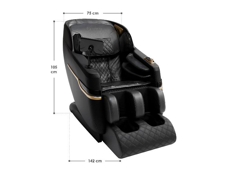 Fauteuil de massage noir avec détails dorés, 105 cm de haut, 75 cm de large et 142 cm de long.