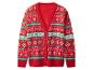 Cardigan rouge de Noël avec motif 'HO HO HO' et flocons de neige.