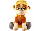 Peluche chien assis avec bonnet jaune et costume orange