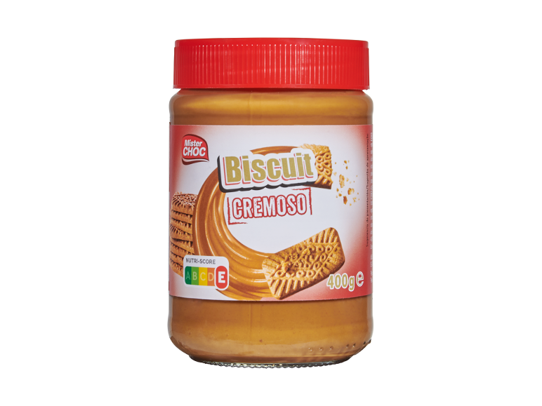 Crème de biscuit avec Nutri-Score E dans un pot de 400g.