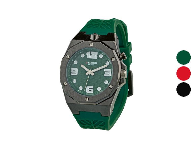 Montre pour homme verte avec un boîtier gris foncé et un bracelet en caoutchouc vert.