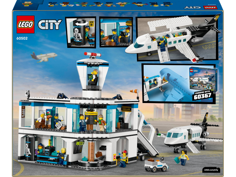 Boîte de jeu de construction d'aéroport avec terminal, avion et figurines.