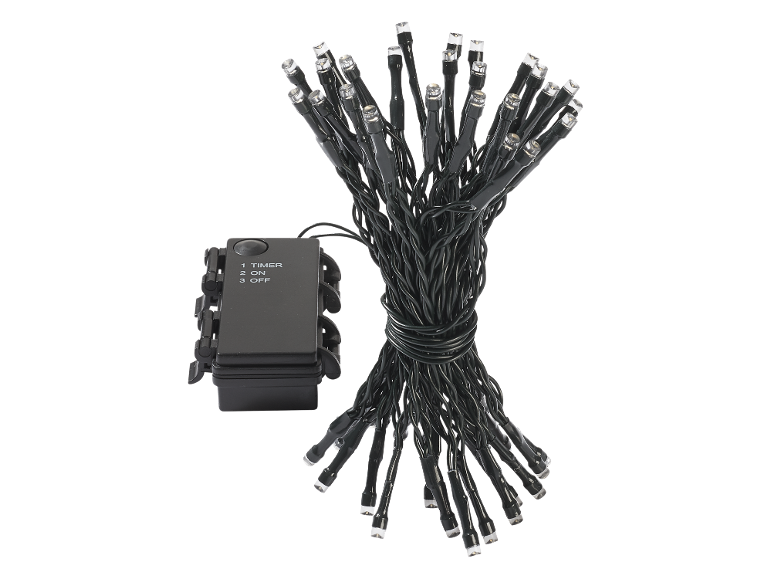 Guirlande lumineuse LED noire avec boîtier à piles et fonction minuterie.