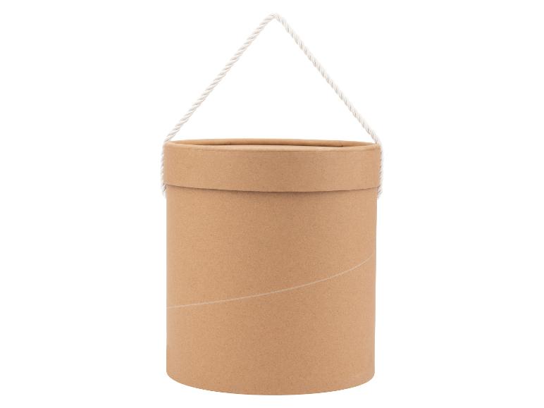 Un cylindre en carton marron avec une poignée en corde blanche sur fond blanc.