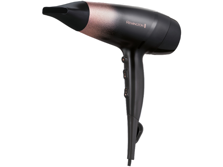 Sèche-cheveux noir et or rose avec embout et commandes.
