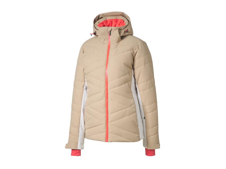 Veste de ski beige avec capuche et fermeture éclair orange.