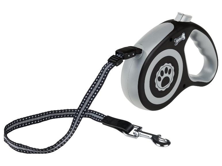 Laisse rétractable noire et grise pour chien avec empreinte de patte.