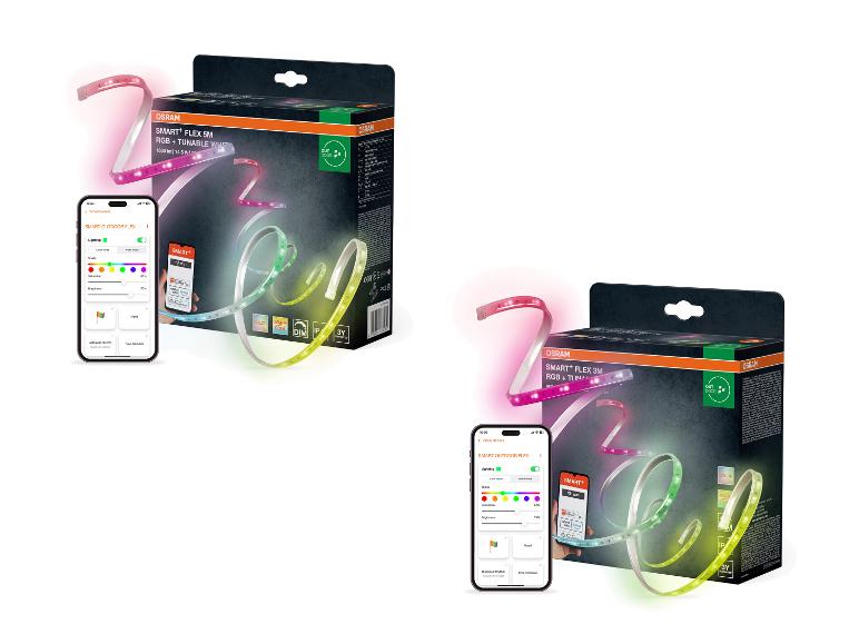 Deux bandes LED intelligentes avec une application de télécommande affichant les réglages de couleur et de luminosité.