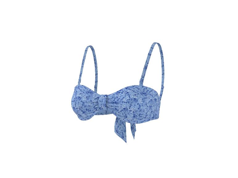 Haut de bikini bleu à imprimé floral avec nœud sur le devant et bretelles réglables.