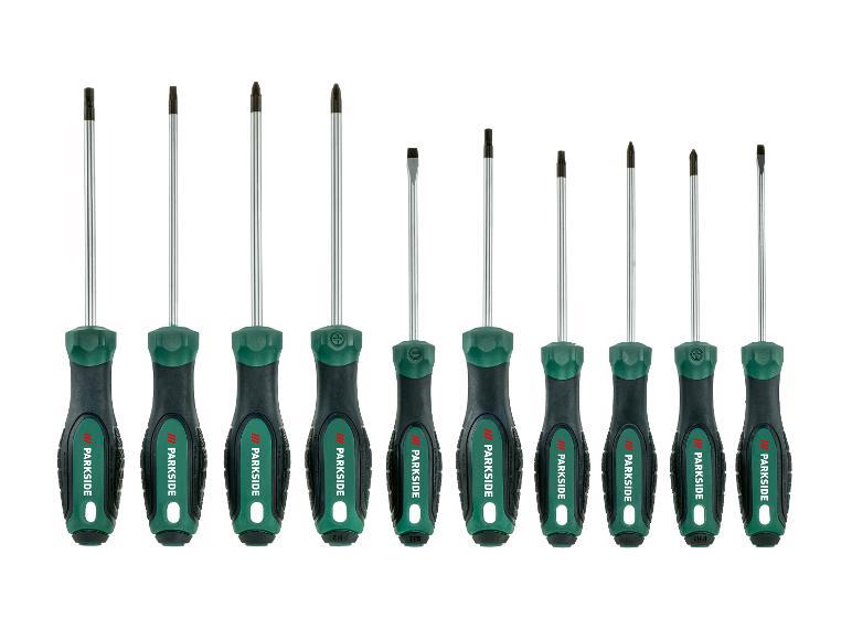 Un ensemble de dix tournevis avec des manches verts et noirs, incluant des têtes plates et cruciformes.