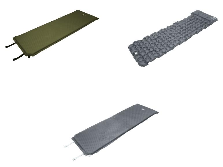 Trois matelas de couchage différents : un vert autogonflant, un gris gonflable avec oreiller et un gris autogonflant.