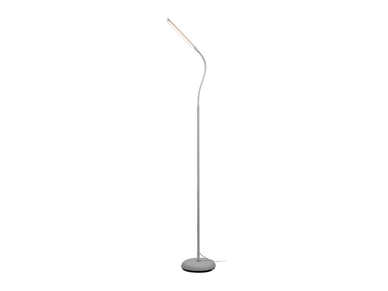Lampadaire LED blanc avec un col de cygne flexible et une base ronde.