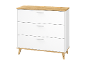Commode moderne blanche à trois tiroirs avec détails en bois.