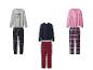 Trois ensembles de hauts de pyjama à manches longues et de bas de pyjama à carreaux.