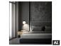 Chambre moderne avec lit, table de chevet et lampe murale.