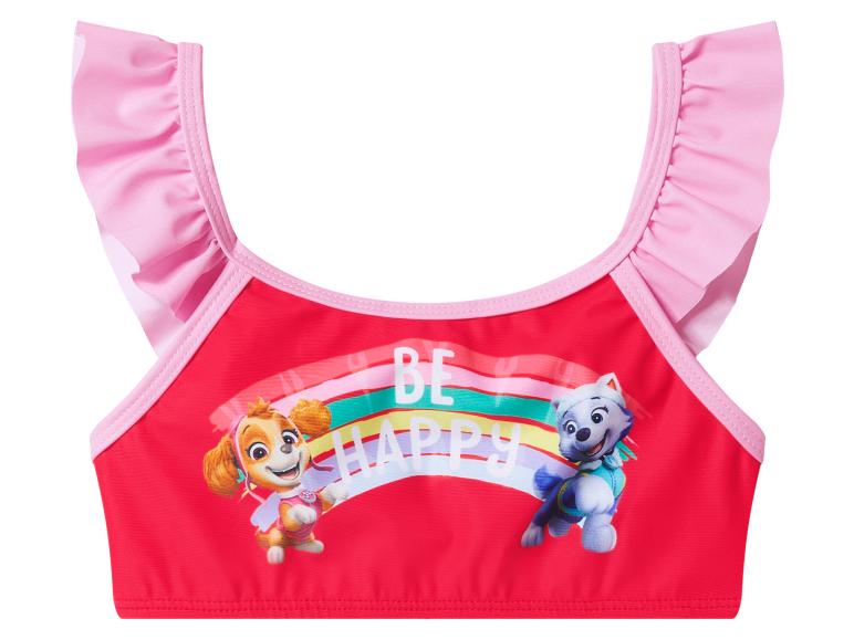 Haut de bikini rouge avec volants roses, imprimé chiots et arc-en-ciel avec le texte « BE HAPPY ».